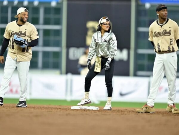 Robinson Canó, Teyana Taylor, and Travis Scott at the 2025 Cactus Jack Foundation HBCU Celebrity Softball Classic | Marcus Ingram/Getty Images