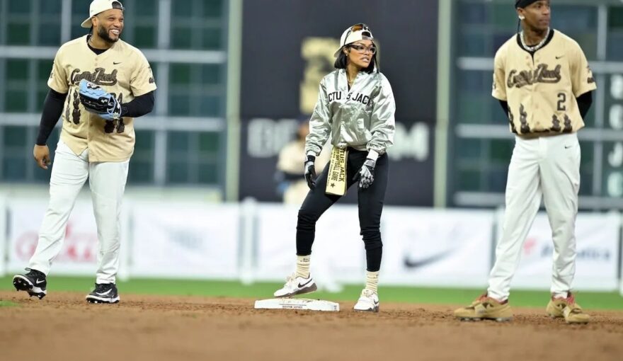 Robinson Canó, Teyana Taylor, and Travis Scott at the 2025 Cactus Jack Foundation HBCU Celebrity Softball Classic | Marcus Ingram/Getty Images